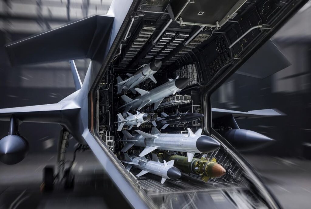 A stealth aircraft opens its internal weapons bay, showing advanced missiles and smart bombs inside, highlighting hidden military capabilities.