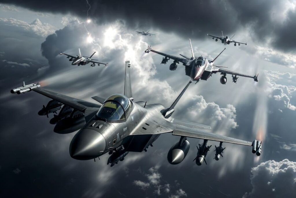 An American fighter jet faces multiple advanced enemy aircraft in a dramatic aerial battle under dark, stormy clouds, highlighting a threat to U.S. air supremacy.